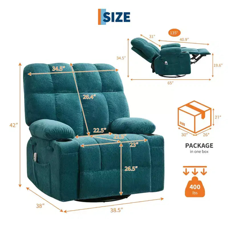 Oversized Massage Recliner Chair with Heat, Manual Swivel Rocker, Lumbar Support, Dual Cup Holders, Side Pockets