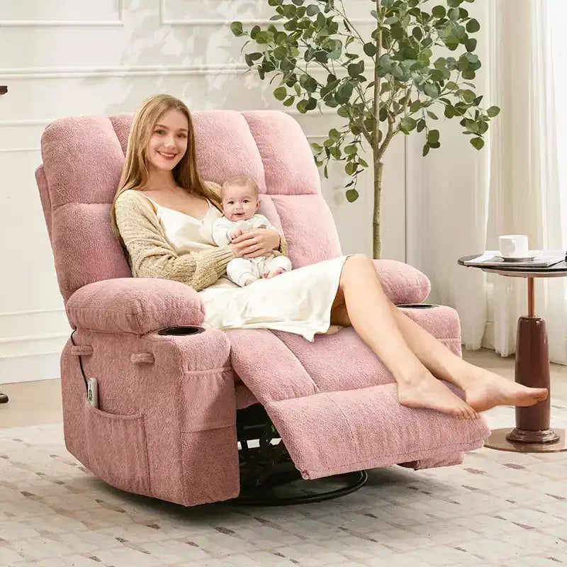 Oversized Massage Recliner Chair with Heat, Manual Swivel Rocker, Lumbar Support, Dual Cup Holders, Side Pockets