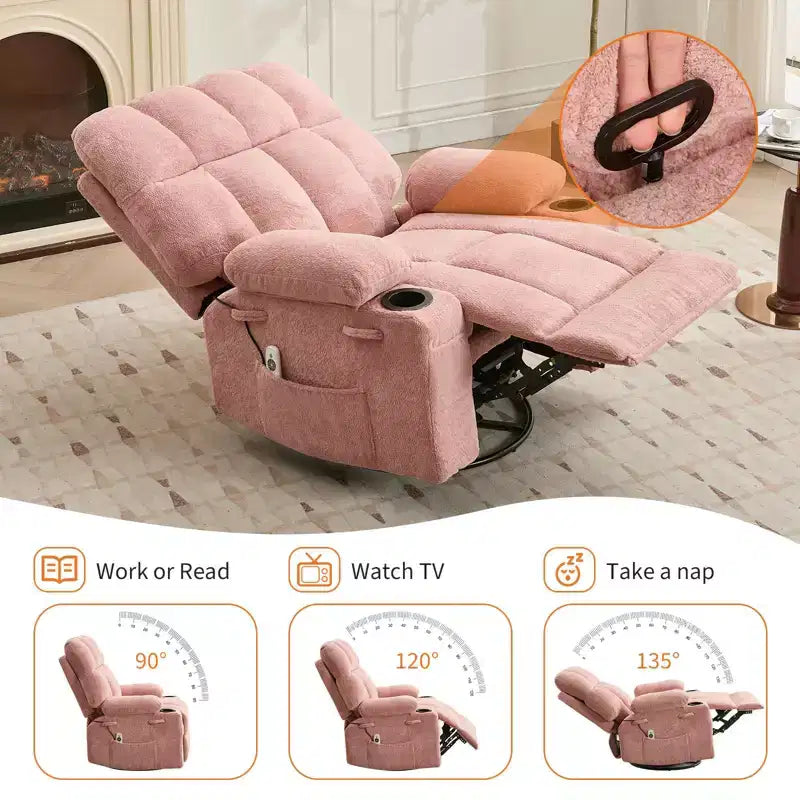 Oversized Massage Recliner Chair with Heat, Manual Swivel Rocker, Lumbar Support, Dual Cup Holders, Side Pockets