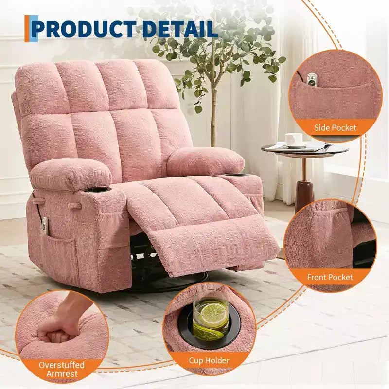 Oversized Massage Recliner Chair with Heat, Manual Swivel Rocker, Lumbar Support, Dual Cup Holders, Side Pockets