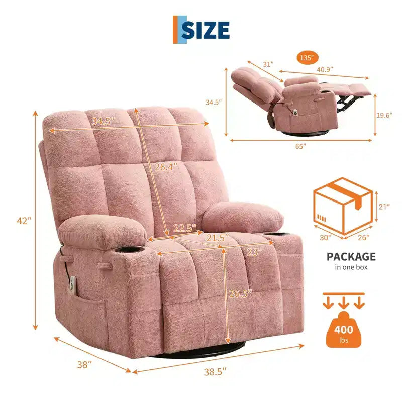 Oversized Massage Recliner Chair with Heat, Manual Swivel Rocker, Lumbar Support, Dual Cup Holders, Side Pockets
