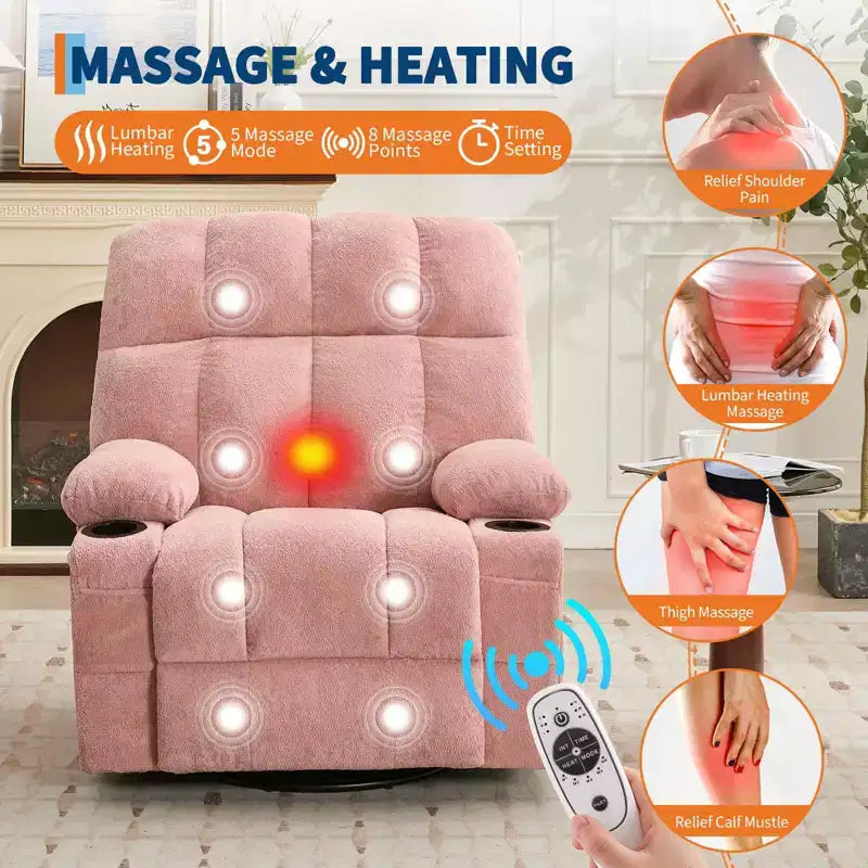 Oversized Massage Recliner Chair with Heat, Manual Swivel Rocker, Lumbar Support, Dual Cup Holders, Side Pockets