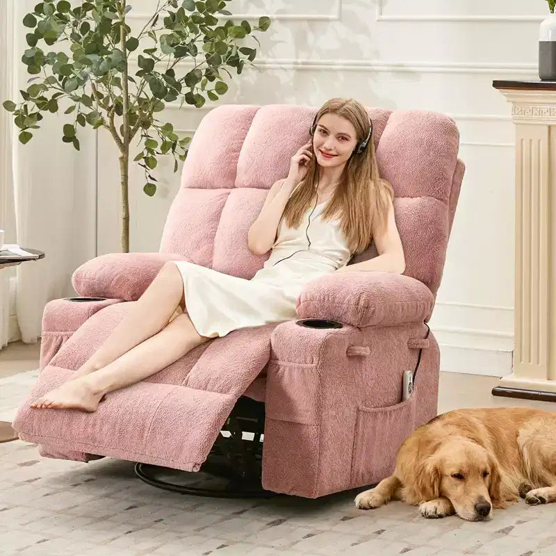Oversized Massage Recliner Chair with Heat, Manual Swivel Rocker, Lumbar Support, Dual Cup Holders, Side Pockets