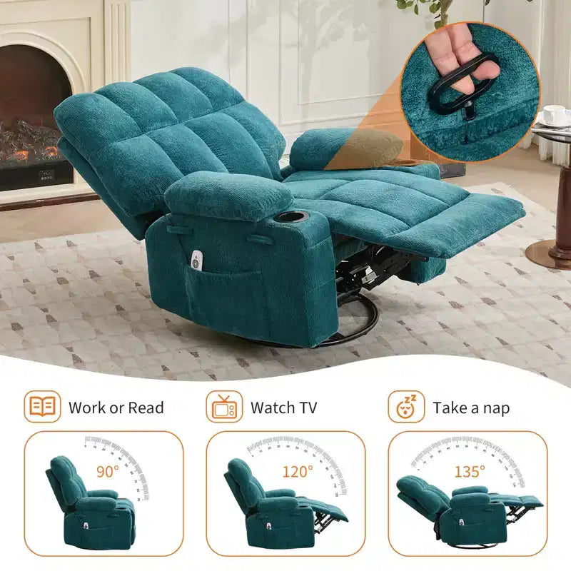 Oversized Massage Recliner Chair with Heat, Manual Swivel Rocker, Lumbar Support, Dual Cup Holders, Side Pockets
