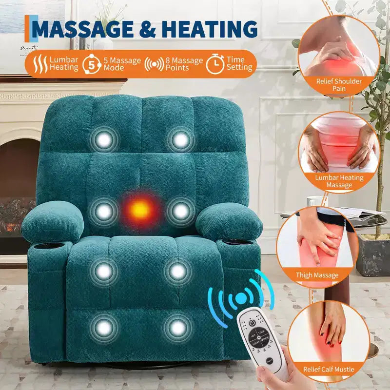 Oversized Massage Recliner Chair with Heat, Manual Swivel Rocker, Lumbar Support, Dual Cup Holders, Side Pockets