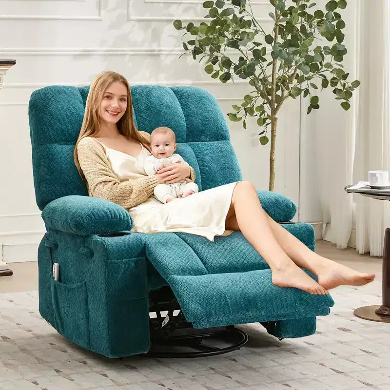 Oversized Massage Recliner Chair with Heat, Manual Swivel Rocker, Lumbar Support, Dual Cup Holders, Side Pockets