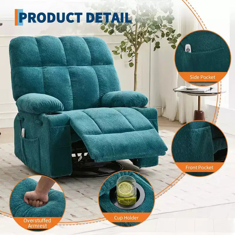 Oversized Massage Recliner Chair with Heat, Manual Swivel Rocker, Lumbar Support, Dual Cup Holders, Side Pockets