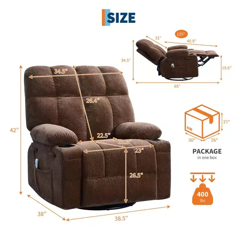 Oversized Massage Recliner Chair with Heat, Manual Swivel Rocker, Lumbar Support, Dual Cup Holders, Side Pockets