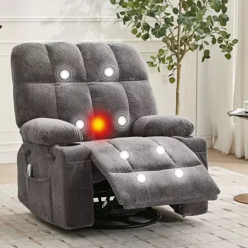 Oversized Massage Recliner Chair with Heat, Manual Swivel Rocker, Lumbar Support, Dual Cup Holders, Side Pockets