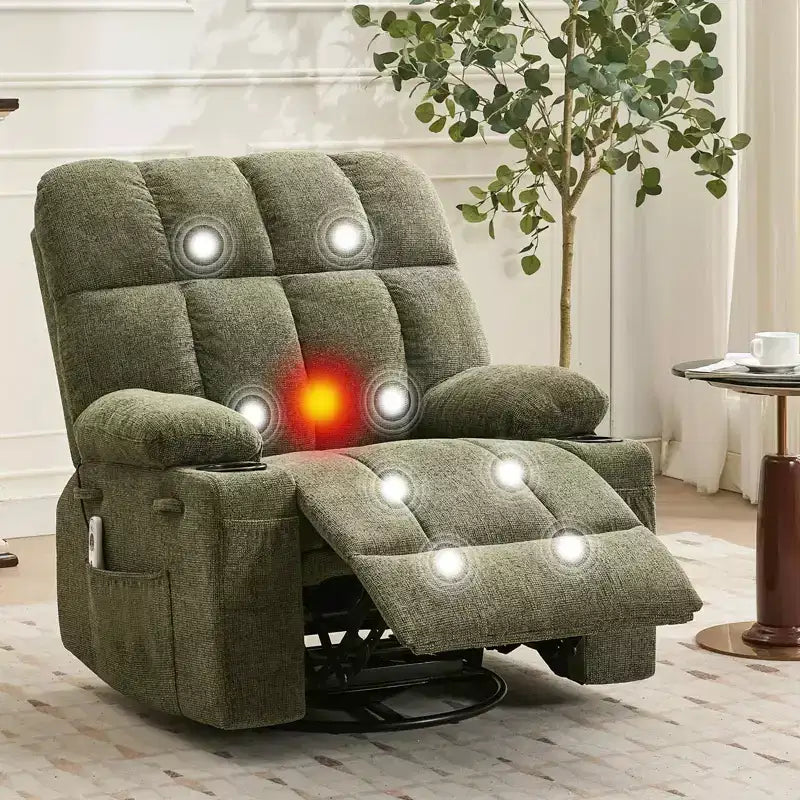Oversized Massage Recliner Chair with Heat, Manual Swivel Rocker, Lumbar Support, Dual Cup Holders, Side Pockets