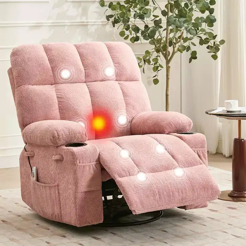 Oversized Massage Recliner Chair with Heat, Manual Swivel Rocker, Lumbar Support, Dual Cup Holders, Side Pockets