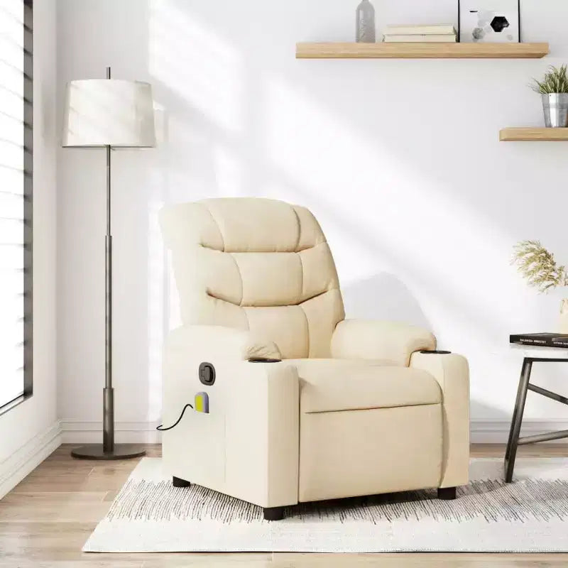 Massage Recliner Chair, Cream Fabric, 6-Point Vibration, Manual Recline, Cup Holders