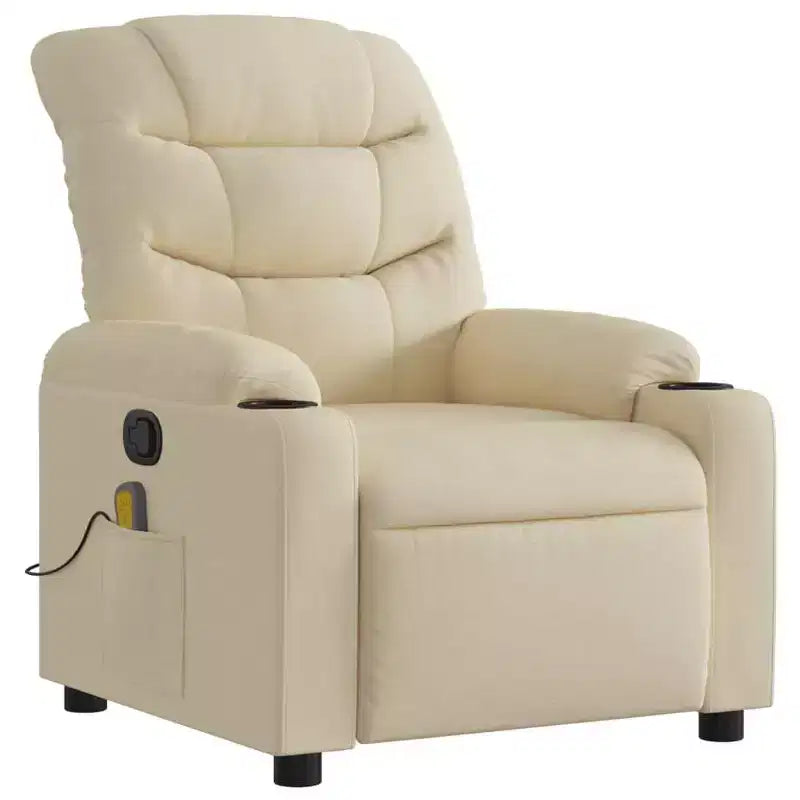 Massage Recliner Chair, Cream Fabric, 6-Point Vibration, Manual Recline, Cup Holders