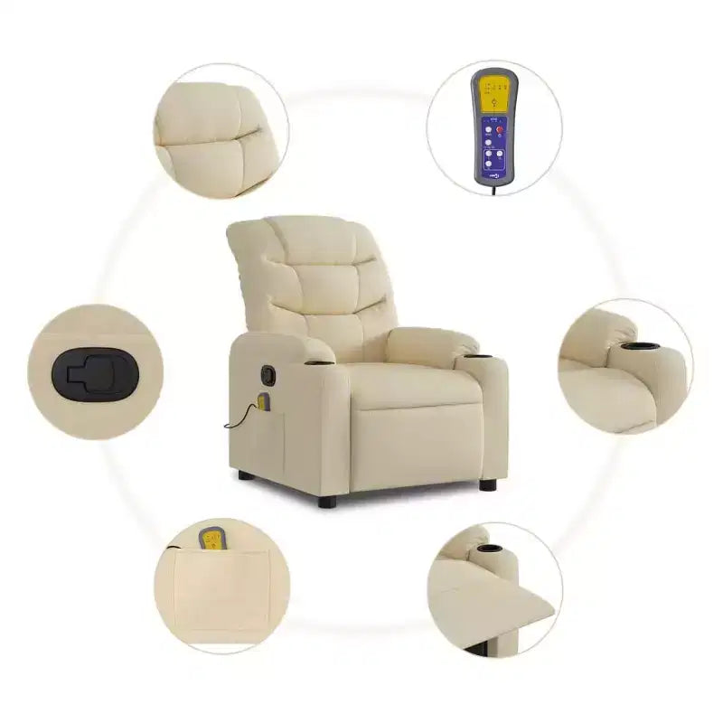 Massage Recliner Chair, Cream Fabric, 6-Point Vibration, Manual Recline, Cup Holders