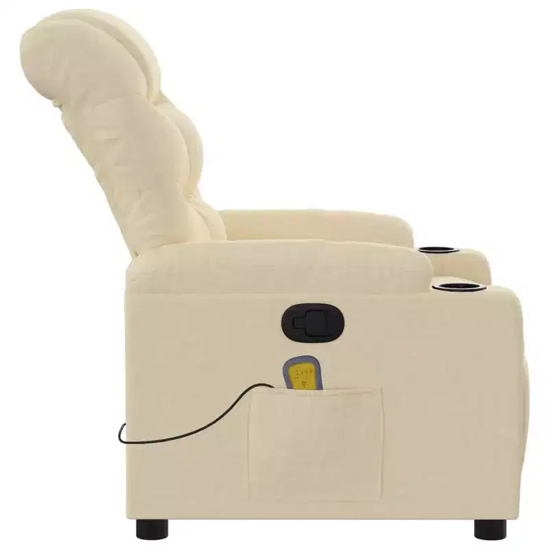 Massage Recliner Chair, Cream Fabric, 6-Point Vibration, Manual Recline, Cup Holders