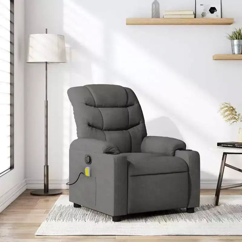 Massage Recliner Chair, Cream Fabric, 6-Point Vibration, Manual Recline, Cup Holders