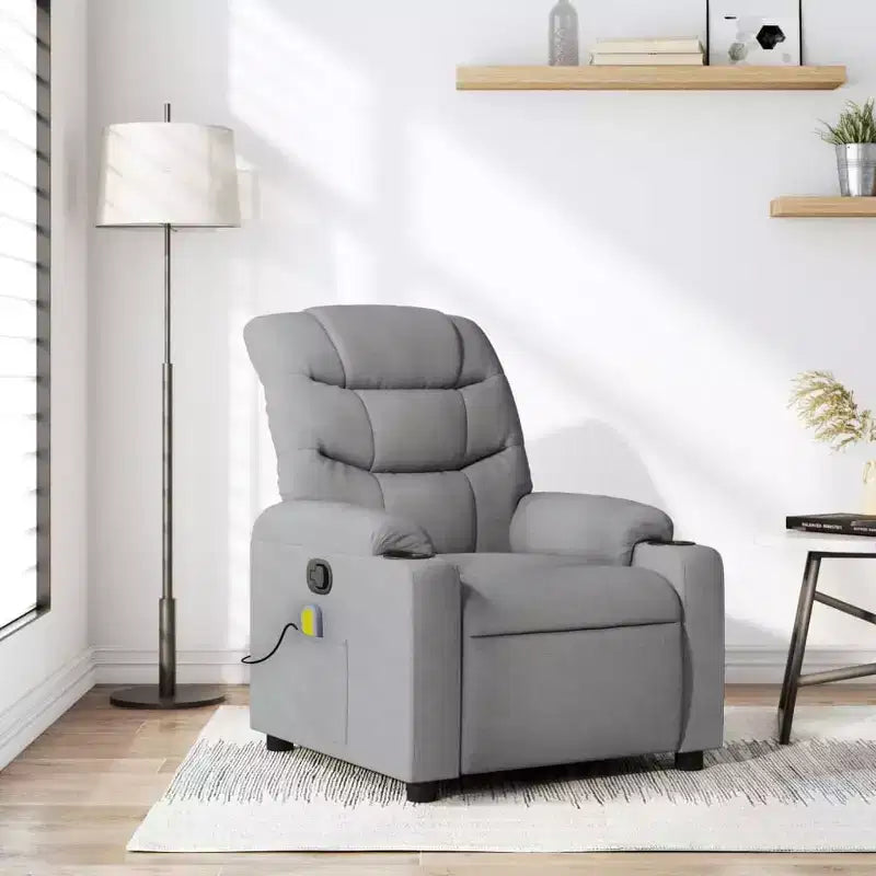 Massage Recliner Chair, Cream Fabric, 6-Point Vibration, Manual Recline, Cup Holders