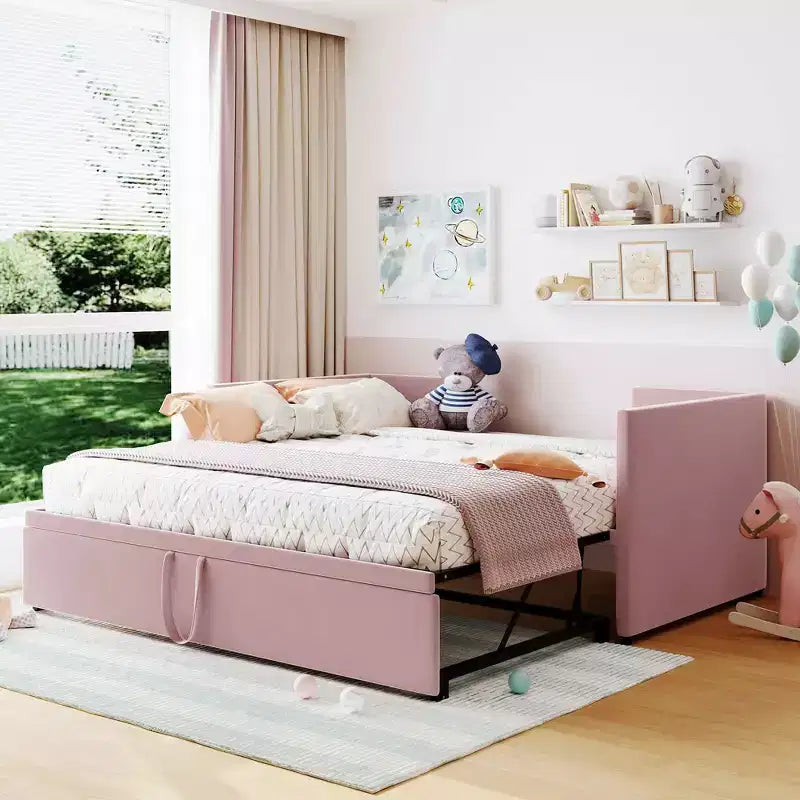 MAYEERTY Twin Size Upholstered Daybed, Pop Up Trundle, Bedroom, Pink