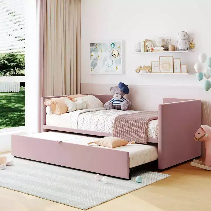 Twin Size Upholstered Daybed with Pop Up Trundle, Bedroom, Pink
