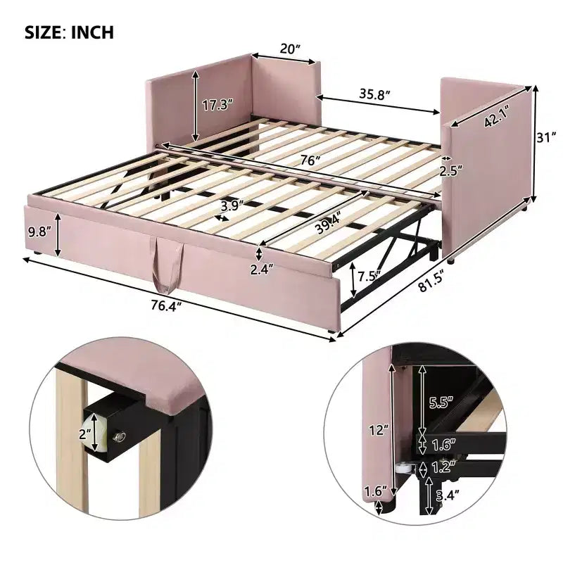 Twin Size Upholstered Daybed with Pop Up Trundle, Bedroom, Pink