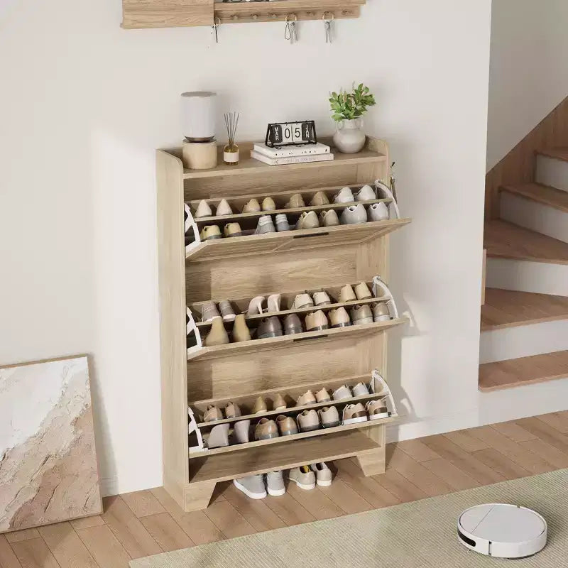 Shoe Storage Cabinet With 3 Flip Drawers, Freestanding Hidden Shoe Organizer, Wooden Slim Narrow Shoe Rack Cabinet For Hallway Living Room