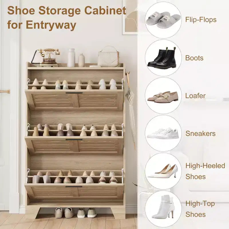 Shoe Storage Cabinet With 3 Flip Drawers, Freestanding Hidden Shoe Organizer, Wooden Slim Narrow Shoe Rack Cabinet For Hallway Living Room