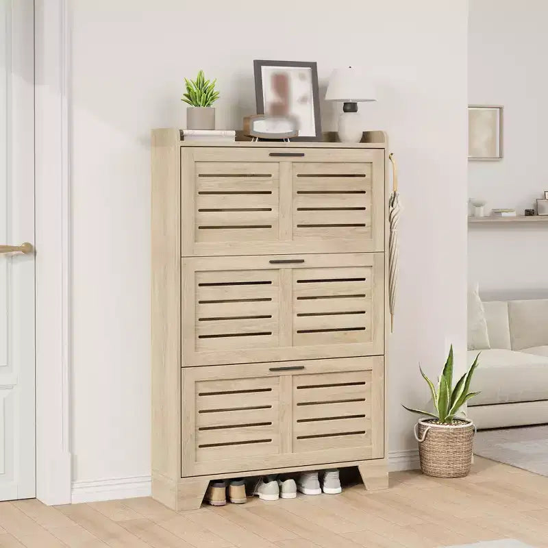 Shoe Storage Cabinet With 3 Flip Drawers, Freestanding Hidden Shoe Organizer, Wooden Slim Narrow Shoe Rack Cabinet For Hallway Living Room