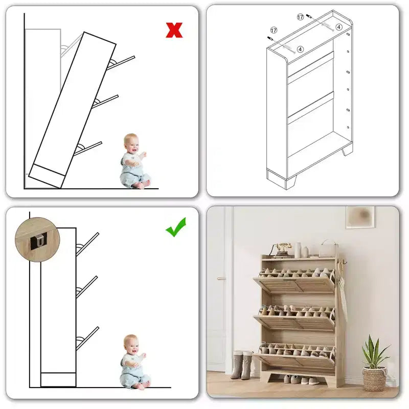 Shoe Storage Cabinet With 3 Flip Drawers, Freestanding Hidden Shoe Organizer, Wooden Slim Narrow Shoe Rack Cabinet For Hallway Living Room