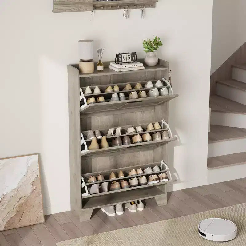 Shoe Storage Cabinet With 3 Flip Drawers, Freestanding Hidden Shoe Organizer, Wooden Slim Narrow Shoe Rack Cabinet For Hallway Living Room