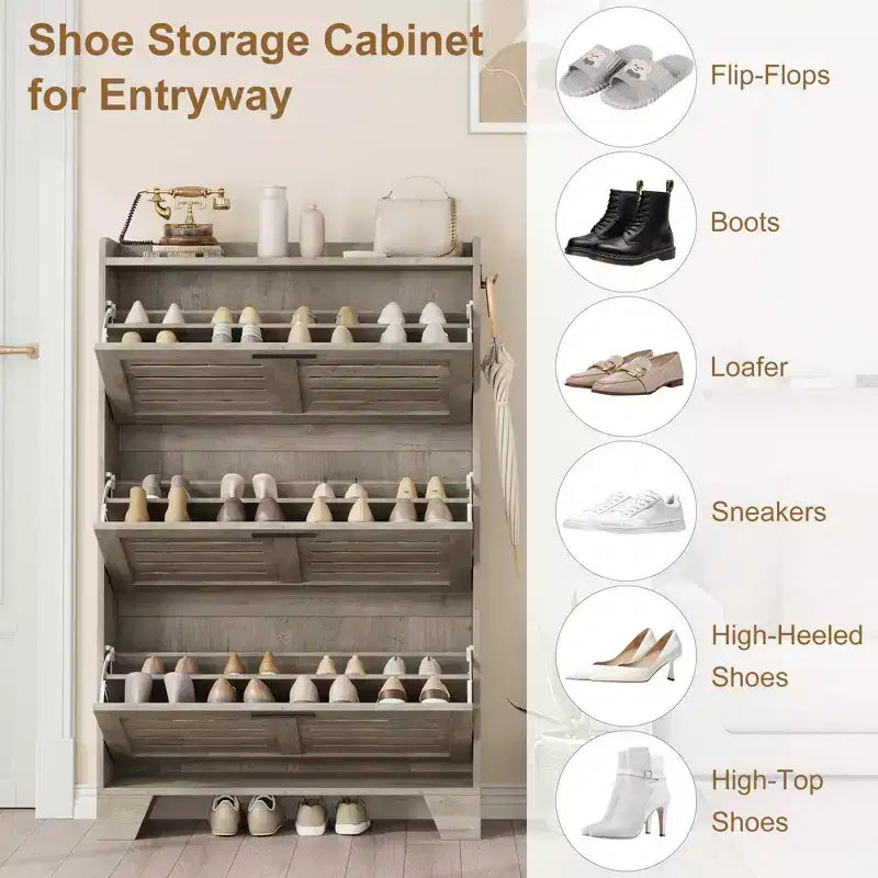 Shoe Storage Cabinet With 3 Flip Drawers, Freestanding Hidden Shoe Organizer, Wooden Slim Narrow Shoe Rack Cabinet For Hallway Living Room