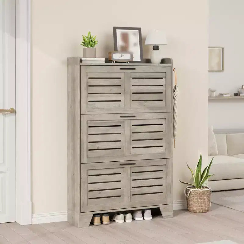 Shoe Storage Cabinet With 3 Flip Drawers, Freestanding Hidden Shoe Organizer, Wooden Slim Narrow Shoe Rack Cabinet For Hallway Living Room