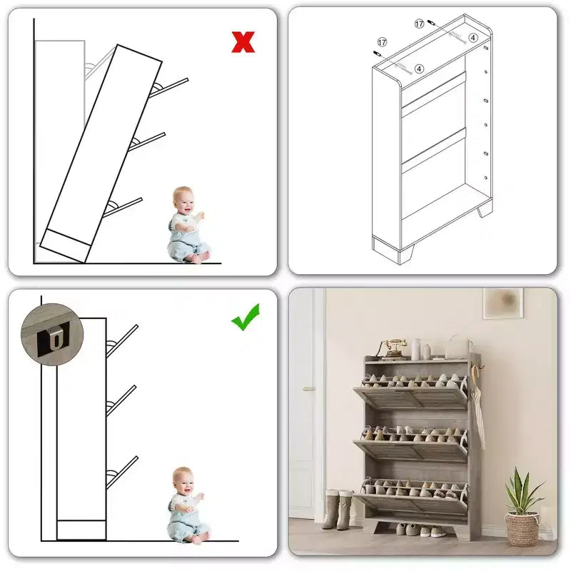 Shoe Storage Cabinet With 3 Flip Drawers, Freestanding Hidden Shoe Organizer, Wooden Slim Narrow Shoe Rack Cabinet For Hallway Living Room