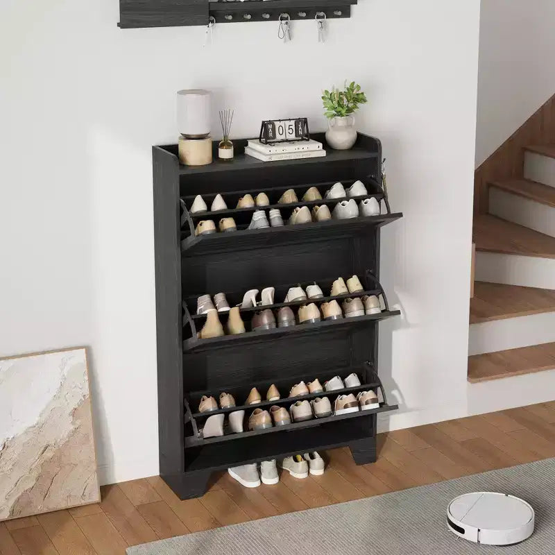 Shoe Storage Cabinet With 3 Flip Drawers, Freestanding Hidden Shoe Organizer, Wooden Slim Narrow Shoe Rack Cabinet For Hallway Living Room
