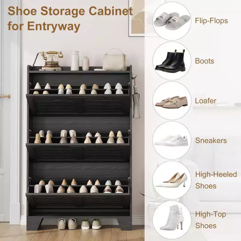 Shoe Storage Cabinet With 3 Flip Drawers, Freestanding Hidden Shoe Organizer, Wooden Slim Narrow Shoe Rack Cabinet For Hallway Living Room