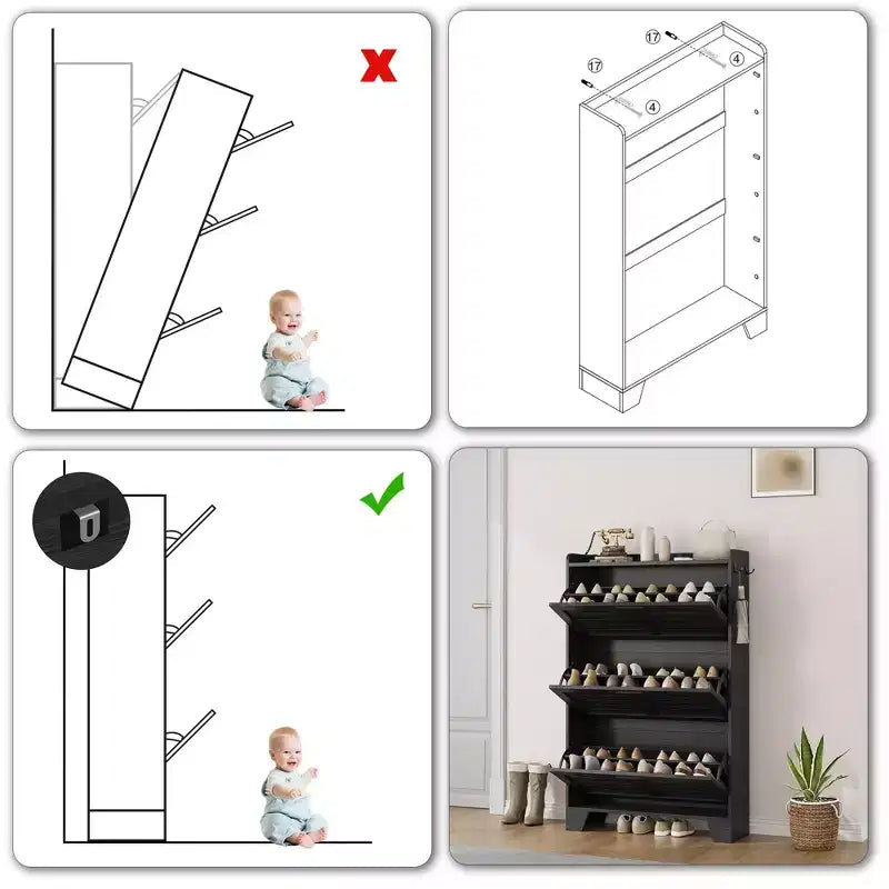 Shoe Storage Cabinet With 3 Flip Drawers, Freestanding Hidden Shoe Organizer, Wooden Slim Narrow Shoe Rack Cabinet For Hallway Living Room