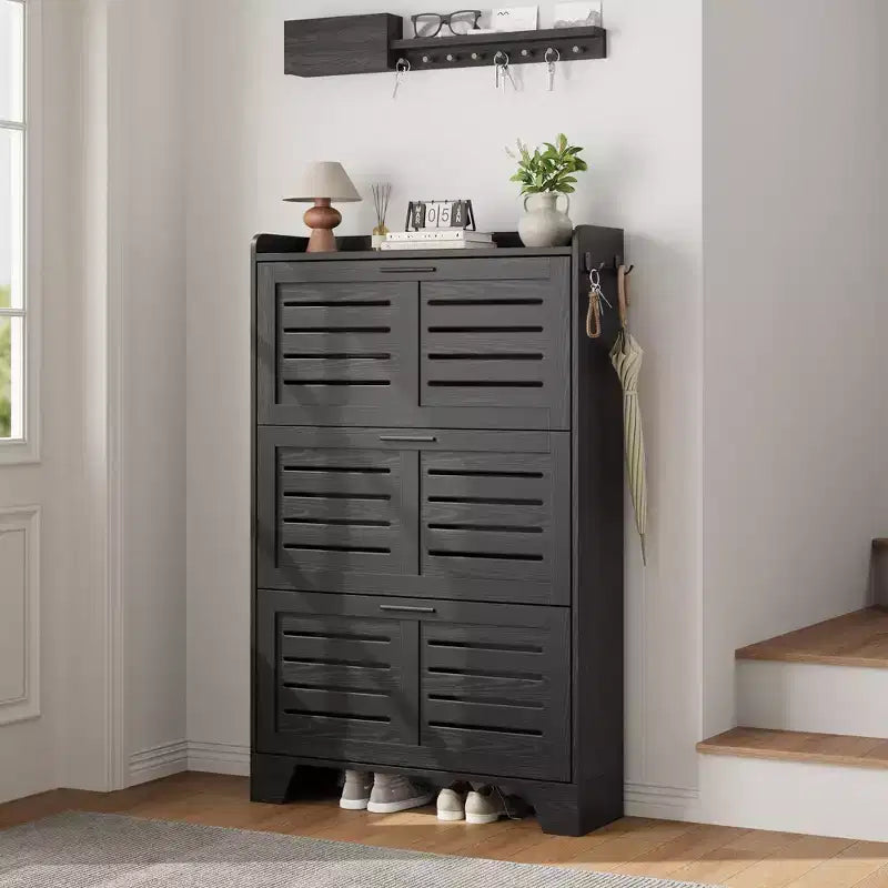 Shoe Storage Cabinet With 3 Flip Drawers, Freestanding Hidden Shoe Organizer, Wooden Slim Narrow Shoe Rack Cabinet For Hallway Living Room