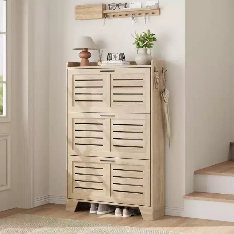 Shoe Storage Cabinet With 3 Flip Drawers, Freestanding Hidden Shoe Organizer, Wooden Slim Narrow Shoe Rack Cabinet For Hallway Living Room