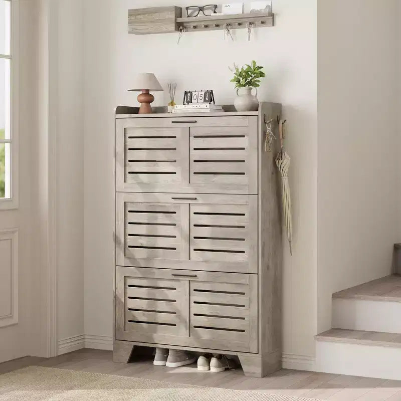 Shoe Storage Cabinet With 3 Flip Drawers, Freestanding Hidden Shoe Organizer, Wooden Slim Narrow Shoe Rack Cabinet For Hallway Living Room