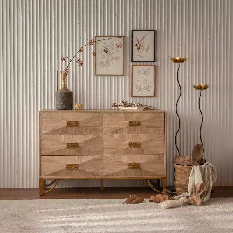 Modern 6-Drawer Dresser with Geometric Carved Fronts and Gold Metal Legs, Storage Cabinet for Bedroom, Entryway or Living Room - Panipeachy