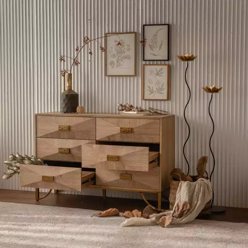 Modern 6-Drawer Dresser with Geometric Carved Fronts and Gold Metal Legs, Storage Cabinet for Bedroom, Entryway or Living Room