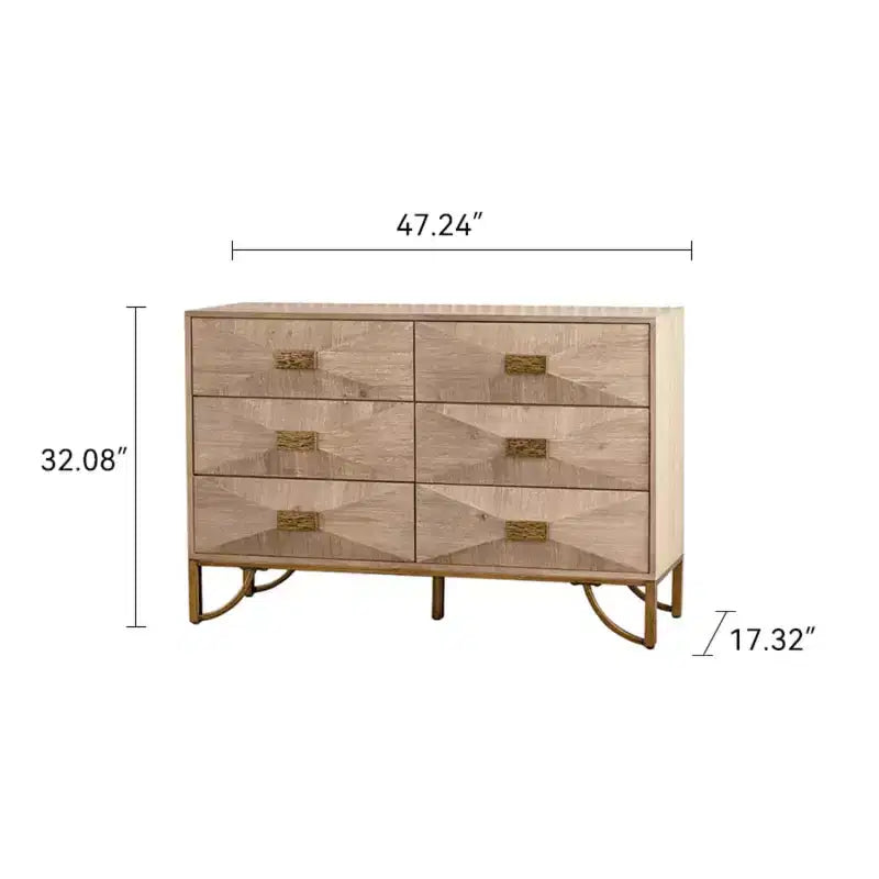Modern 6-Drawer Dresser with Geometric Carved Fronts and Gold Metal Legs, Storage Cabinet for Bedroom, Entryway or Living Room