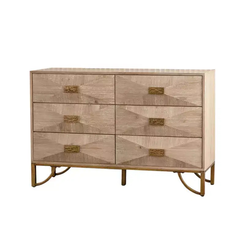 Modern 6-Drawer Dresser with Geometric Carved Fronts and Gold Metal Legs, Storage Cabinet for Bedroom, Entryway or Living Room