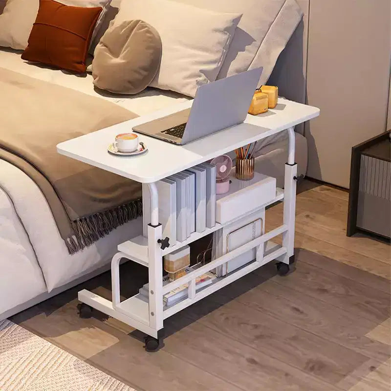 80x40cm Portable Rolling Desk  Adjustable Height Mobile Computer Desk with Storage Shelves for Home Office/Study (Small Space Solution)