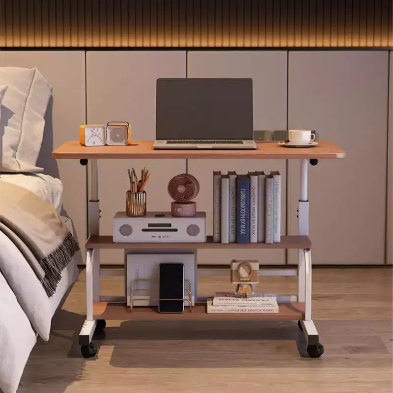 80x40cm Portable Rolling Desk  Adjustable Height Mobile Computer Desk with Storage Shelves for Home Office/Study (Small Space Solution)