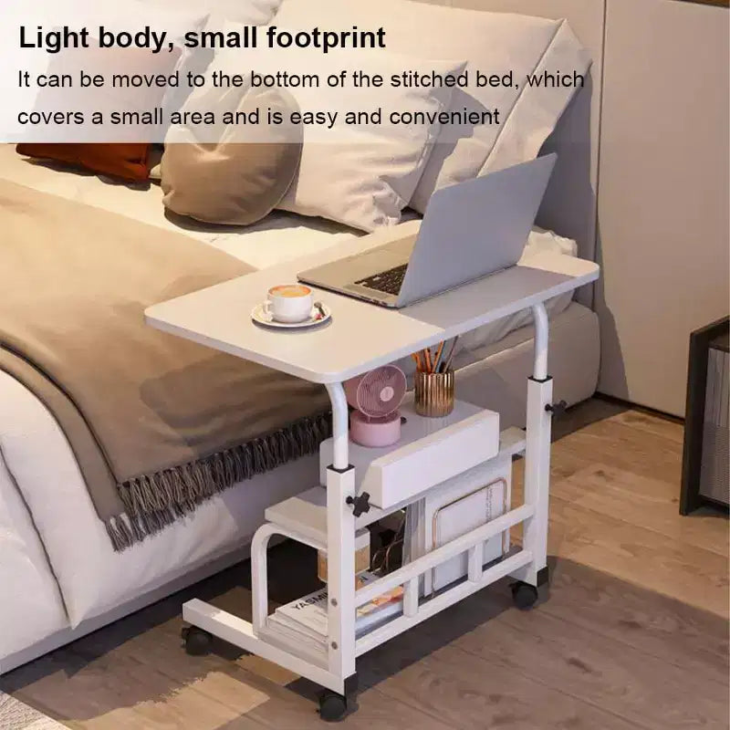 80x40cm Portable Rolling Desk  Adjustable Height Mobile Computer Desk with Storage Shelves for Home Office/Study (Small Space Solution)