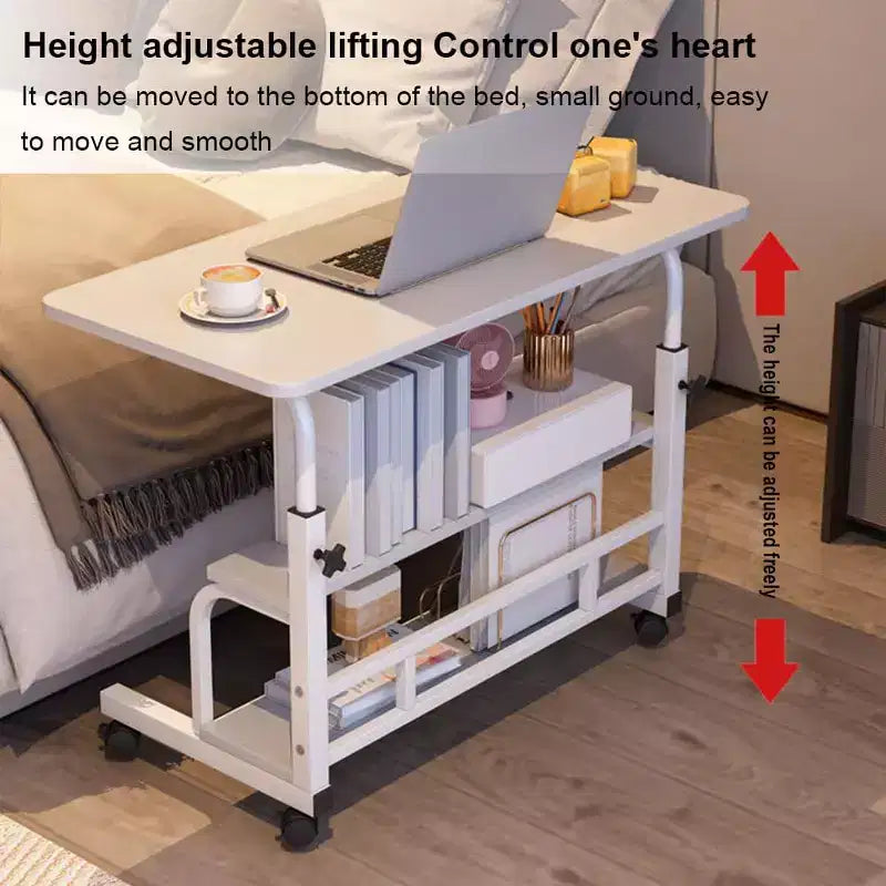 80x40cm Portable Rolling Desk  Adjustable Height Mobile Computer Desk with Storage Shelves for Home Office/Study (Small Space Solution)
