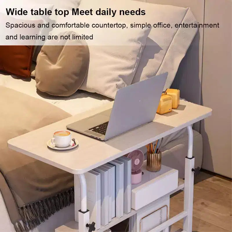 80x40cm Portable Rolling Desk  Adjustable Height Mobile Computer Desk with Storage Shelves for Home Office/Study (Small Space Solution)