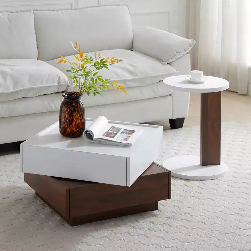 Small End Table, Rustic Round 2-Tier Side Table, Living Room Couch Tray Table, Modern C-Shaped Couch Table with Wood Frame White+Walnut