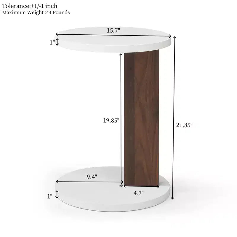 Small End Table, Rustic Round 2-Tier Side Table, Living Room Couch Tray Table, Modern C-Shaped Couch Table with Wood Frame White+Walnut
