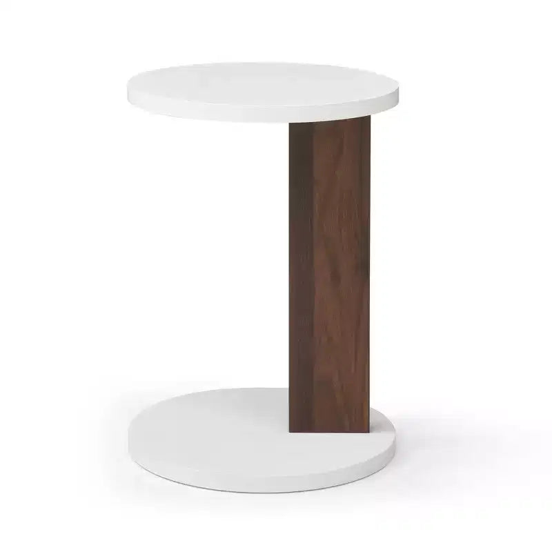 Small End Table, Rustic Round 2-Tier Side Table, Living Room Couch Tray Table, Modern C-Shaped Couch Table with Wood Frame White+Walnut